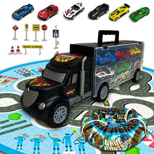 Load image into Gallery viewer, Koolbitz 16 Pcs Transporter Truck Set, Includes Diecast Multicolour Cars, Play Mat, Road Signs, Black Vehicle Storage Container for Kids Ages 3 and Up Birthday Christmas Newyear