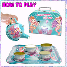 Load image into Gallery viewer, Koolbitz Kids Mermaid Themed Tea Party Set Pretend Play Tea Cups and Saucers with Teapot & Carry Case, Vintage Tea Cups, Tea Time Play Set for Children Toddlers, for Girls
