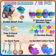 Load image into Gallery viewer, Koolbitz 12 Pcs Bucket Beach Train Playset with Sand Set, Dinosaur Egg, Molds & Tools - Non-Toxic Space Sand for Creative Indoor & Outdoor Fun, Perfect for Beach, Snow, or Sandbox Play, Ages 3+