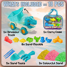 Load image into Gallery viewer, Koolbitz 18 Pcs Kids Dinosaur Theme Magic Beach Sand Play Set Dump Truck, 8 Moulds, 5 Tools, 1kg Sand, and Tray for Indoor Outdoor Play for Kids Ages 3