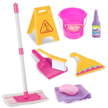 Load image into Gallery viewer, Koolbitz Interactive Kids Cleaning Set – Cleaning Kit with Broom, Mop, Brush, Dustpan, Duster, Sponge, Spray Bottle, Bucket & Caution Sign – Pretend Play Housekeeping Set for Toddlers & Preschoolers