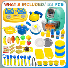 Load image into Gallery viewer, Koolbitz 53PCs Kids Air Fryer Kitchen Playset with Interactive Cooking Features–Realistic Pretend Play Set for Boys & Girls with Light, Sound, Color-Changing Food, Utensils, Cookware, Food Accessories