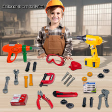 Load image into Gallery viewer, Koolbitz 27PCS Toy DIY Tool Box With Helmet Drill Hammer Wrench Pliers Mask Saw Screwdriver Tape Measure Screws & More Accessories - Children's Tools Playset Toys