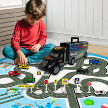 Load image into Gallery viewer, Koolbitz 16 Pcs Transporter Truck Set, Includes Diecast Multicolour Cars, Play Mat, Road Signs, Black Vehicle Storage Container for Kids Ages 3 and Up Birthday Christmas Newyear
