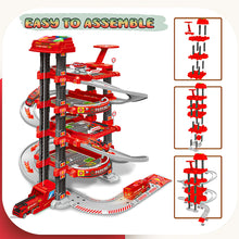 Load image into Gallery viewer, Koolbitz 116 PCs 2-in-1 Parking Garage Toy & Tool Construction Playset for Kids - Multi-Level Red Parking Lot & Pretend Play Tool Kit Helmet Drill Accessories for Toddlers Boys and Girls