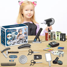 Load image into Gallery viewer, Koolbitz Kids Barber Play Set Interactive Hair Styling & Grooming Kit for Children with Toy Hair Tools Hair Dryer Pretend Shop Role Play