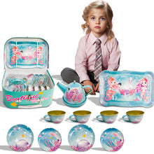 Load image into Gallery viewer, Koolbitz Kids Mermaid Themed Tea Party Set Pretend Play Tea Cups and Saucers with Teapot & Carry Case, Vintage Tea Cups, Tea Time Play Set for Children Toddlers, for Girls