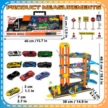 Load image into Gallery viewer, Koolbitz 4-Storey Parking Garage Playset with Truck Carrier, Includes 10 Cars, Spiral Ramps, Lift, Service Station for Kids Ages 3 and Up