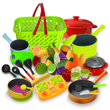 Load image into Gallery viewer, Koolbitz Kids Kitchen & Grocery Playset Cooking Utensils, Cutting Toys, Pots, Pans, Stovetop and Grocery Basket for Toddlers Age 3 for Birthday