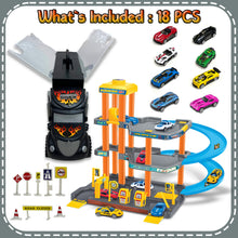 Load image into Gallery viewer, Koolbitz Kids 4-Storey Parking Garage and Truck Carrier Playset, Includes 10 Cars, Lift, Ramps, Service Station, and Storage for Ages 3 and Up
