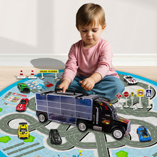 Load image into Gallery viewer, Koolbitz 16 Pcs Transporter Truck Set, Includes Diecast Multicolour Cars, Play Mat, Road Signs, Black Vehicle Storage Container for Kids Ages 3 and Up Birthday Christmas Newyear