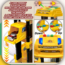 Load image into Gallery viewer, Koolbitz Kids Spiral Parking Garage Playset, 4-Storey Parking Lot with Electric Lift, Carrier Plane, Sound, Light, Ramps, Traffic Signs, Storage Truck, 10 Cars, for Age 3 and Up