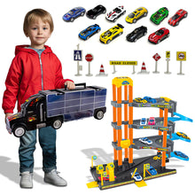 Load image into Gallery viewer, Koolbitz 4-Storey Parking Garage Playset with Truck Carrier, Includes 10 Cars, Spiral Ramps, Lift, Service Station for Kids Ages 3 and Up