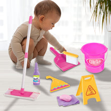 Load image into Gallery viewer, Koolbitz Interactive Kids Cleaning Set – Cleaning Kit with Broom, Mop, Brush, Dustpan, Duster, Sponge, Spray Bottle, Bucket & Caution Sign – Pretend Play Housekeeping Set for Toddlers & Preschoolers