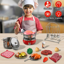 Load image into Gallery viewer, Koolbitz Kids 25PCs Complete Kitchen Playset Tea Pots & Pans Toys with Cutting Play Food Cookware Stainless Steel Utensils Gift for Toddlers Ages 3 Years+ Above