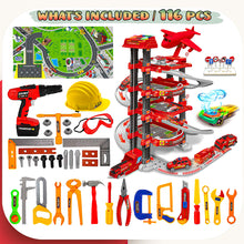 Load image into Gallery viewer, Koolbitz 116 PCs 2-in-1 Parking Garage Toy & Tool Construction Playset for Kids - Multi-Level Red Parking Lot & Pretend Play Tool Kit Helmet Drill Accessories for Toddlers Boys and Girls