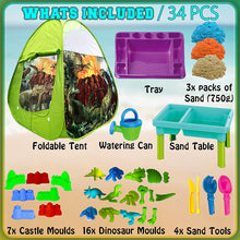 Load image into Gallery viewer, Koolbitz 34 Pcs Dinosaur Beach Tent and Sand Playset with 750g Non-Sticky Sand, Dinosaur and Castle Moulds, Sand Table, and Tray Ð Creative Outdoor and Indoor Fun for Kids Aged 3+ Safe Sand Kit Play