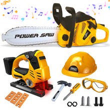 Load image into Gallery viewer, Koolbitz 15PCS Kids Electric Workshop Tools Toy Educational Playset - Includes Yellow Chainsaw Toy, Jigsaw Toy, Helmet, and Accessories Game- Learning Construction Roleplay Tool Kit Toy Game for Ages 3+