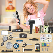 Load image into Gallery viewer, Koolbitz Kids Barber Play Set Interactive Hair Styling & Grooming Kit for Children with Toy Hair Tools Hair Dryer Pretend Shop Role Play