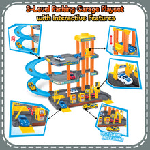 Load image into Gallery viewer, Koolbitz Kids 4-Storey Parking Garage and Truck Carrier Playset, Includes 10 Cars, Lift, Ramps, Service Station, and Storage for Ages 3 and Up