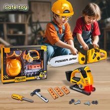 Load image into Gallery viewer, Koolbitz 15PCS Kids Electric Workshop Tools Toy Educational Playset - Includes Yellow Chainsaw Toy, Jigsaw Toy, Helmet, and Accessories Game- Learning Construction Roleplay Tool Kit Toy Game for Ages 3+