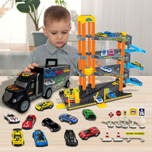 Load image into Gallery viewer, Koolbitz 4-Storey Parking Garage Playset with Truck Carrier, Includes 10 Cars, Spiral Ramps, Lift, Service Station for Kids Ages 3 and Up