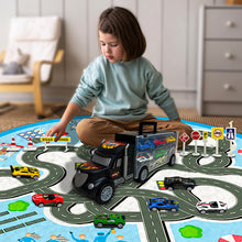 Load image into Gallery viewer, Koolbitz 16 Pcs Transporter Truck Set, Includes Diecast Multicolour Cars, Play Mat, Road Signs, Black Vehicle Storage Container for Kids Ages 3 and Up Birthday Christmas Newyear