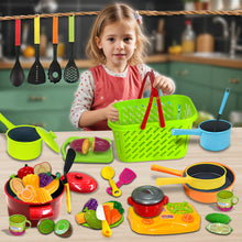 Load image into Gallery viewer, Koolbitz Kids Kitchen & Grocery Playset Cooking Utensils, Cutting Toys, Pots, Pans, Stovetop and Grocery Basket for Toddlers Age 3 for Birthday