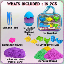 Load image into Gallery viewer, Koolbitz 16 Pcs Kids Dinosaur Sand Playset with Carry Bag – Includes Random Dinosaur Egg, Colorful Sand, Molds and Tools – Perfect for Summer and Indoor Activities for Ages 3+