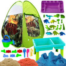 Load image into Gallery viewer, Koolbitz 34 Pcs Dinosaur Beach Tent and Sand Playset with 750g Non-Sticky Sand, Dinosaur and Castle Moulds, Sand Table, and Tray Ð Creative Outdoor and Indoor Fun for Kids Aged 3+ Safe Sand Kit Play