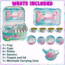 Load image into Gallery viewer, Koolbitz Kids Mermaid Themed Tea Party Set Pretend Play Tea Cups and Saucers with Teapot & Carry Case, Vintage Tea Cups, Tea Time Play Set for Children Toddlers, for Girls