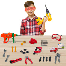 Load image into Gallery viewer, Koolbitz 27PCS Toy DIY Tool Box With Helmet Drill Hammer Wrench Pliers Mask Saw Screwdriver Tape Measure Screws & More Accessories - Children's Tools Playset Toys