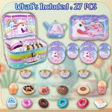 Load image into Gallery viewer, 40 Pcs Unicorn Kids Pretend Play Tin Tea Set with Dessert sweet and candy Toy & Carrying Case, Princess Tea Time, Great Return Toy Gift for Your Kids & Little Girls, Colourful Design