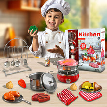 Load image into Gallery viewer, Koolbitz Kids 25PCs Complete Kitchen Playset Tea Pots & Pans Toys with Cutting Play Food Cookware Stainless Steel Utensils Gift for Toddlers Ages 3 Years+ Above