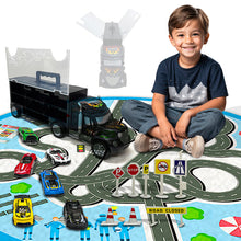 Load image into Gallery viewer, Koolbitz 16 Pcs Transporter Truck Set, Includes Diecast Multicolour Cars, Play Mat, Road Signs, Black Vehicle Storage Container for Kids Ages 3 and Up Birthday Christmas Newyear