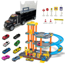 Load image into Gallery viewer, Koolbitz Kids 4-Storey Parking Garage and Truck Carrier Playset, Includes 10 Cars, Lift, Ramps, Service Station, and Storage for Ages 3 and Up