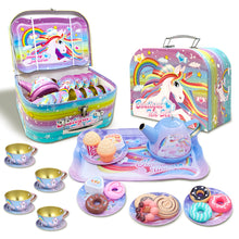 Load image into Gallery viewer, 40 Pcs Unicorn Kids Pretend Play Tin Tea Set with Dessert sweet and candy Toy & Carrying Case, Princess Tea Time, Great Return Toy Gift for Your Kids & Little Girls, Colourful Design