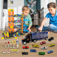 Load image into Gallery viewer, Koolbitz 4-Storey Parking Garage Playset with Truck Carrier, Includes 10 Cars, Spiral Ramps, Lift, Service Station for Kids Ages 3 and Up