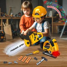 Load image into Gallery viewer, Koolbitz 15PCS Kids Electric Workshop Tools Toy Educational Playset - Includes Yellow Chainsaw Toy, Jigsaw Toy, Helmet, and Accessories Game- Learning Construction Roleplay Tool Kit Toy Game for Ages 3+