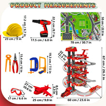 Load image into Gallery viewer, Koolbitz 116 PCs 2-in-1 Parking Garage Toy & Tool Construction Playset for Kids - Multi-Level Red Parking Lot & Pretend Play Tool Kit Helmet Drill Accessories for Toddlers Boys and Girls