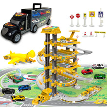 Load image into Gallery viewer, Koolbitz Kids Spiral Parking Garage Playset, 4-Storey Parking Lot with Electric Lift, Carrier Plane, Sound, Light, Ramps, Traffic Signs, Storage Truck, 10 Cars, for Age 3 and Up