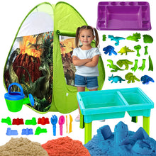 Load image into Gallery viewer, Koolbitz 34 Pcs Dinosaur Beach Tent and Sand Playset with 750g Non-Sticky Sand, Dinosaur and Castle Moulds, Sand Table, and Tray Ð Creative Outdoor and Indoor Fun for Kids Aged 3+ Safe Sand Kit Play