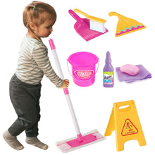 Load image into Gallery viewer, Koolbitz Interactive Kids Cleaning Set – Cleaning Kit with Broom, Mop, Brush, Dustpan, Duster, Sponge, Spray Bottle, Bucket & Caution Sign – Pretend Play Housekeeping Set for Toddlers & Preschoolers
