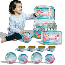 Load image into Gallery viewer, Koolbitz Kids Mermaid Themed Tea Party Set Pretend Play Tea Cups and Saucers with Teapot & Carry Case, Vintage Tea Cups, Tea Time Play Set for Children Toddlers, for Girls