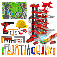 Load image into Gallery viewer, Koolbitz 116 PCs 2-in-1 Parking Garage Toy & Tool Construction Playset for Kids - Multi-Level Red Parking Lot & Pretend Play Tool Kit Helmet Drill Accessories for Toddlers Boys and Girls