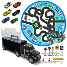 Load image into Gallery viewer, Koolbitz 16 Pcs Transporter Truck Set, Includes Diecast Multicolour Cars, Play Mat, Road Signs, Black Vehicle Storage Container for Kids Ages 3 and Up Birthday Christmas Newyear