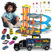 Load image into Gallery viewer, Koolbitz Kids 4-Storey Parking Garage and Truck Carrier Playset, Includes 10 Cars, Lift, Ramps, Service Station, and Storage for Ages 3 and Up