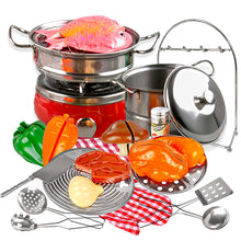Load image into Gallery viewer, Koolbitz Kids 25PCs Complete Kitchen Playset Tea Pots & Pans Toys with Cutting Play Food Cookware Stainless Steel Utensils Gift for Toddlers Ages 3 Years+ Above