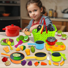 Load image into Gallery viewer, Koolbitz Kids Kitchen & Grocery Playset Cooking Utensils, Cutting Toys, Pots, Pans, Stovetop and Grocery Basket for Toddlers Age 3 for Birthday