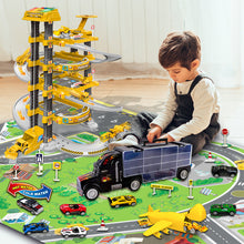 Load image into Gallery viewer, Koolbitz Kids Spiral Parking Garage Playset, 4-Storey Parking Lot with Electric Lift, Carrier Plane, Sound, Light, Ramps, Traffic Signs, Storage Truck, 10 Cars, for Age 3 and Up
